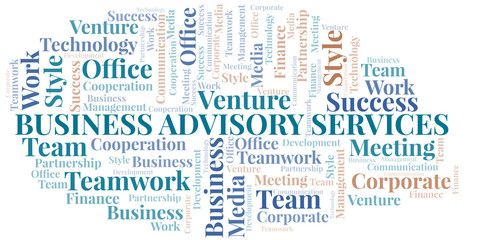Business Advisory Services word cloud. Collage made with text only.