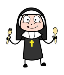 Showing Spoons - Cartoon Nun Lady Vector Illustration