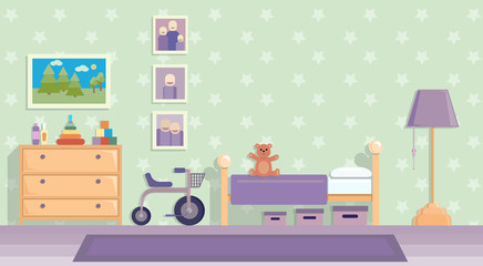 Childrens room in lilac . Vector image in flat design style. Paper space with place for text