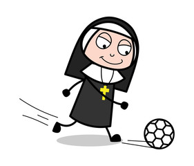 Playing Soccer Match - Cartoon Nun Lady Vector Illustration