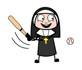 Playing Cricket - Cartoon Nun Lady Vector Illustration