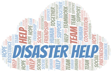 Disaster Help word cloud. Vector made with text only.