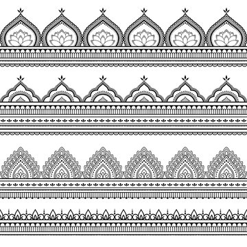 Seamless borders pattern for Mehndi, Henna drawing and tattoo. Decoration in ethnic oriental, Indian style. Doodle ornament. Outline hand draw vector illustration.