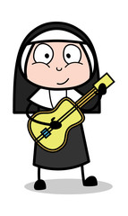 Playing Guitar - Cartoon Nun Lady Vector Illustration