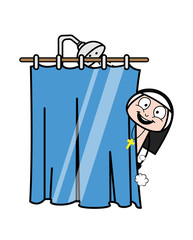 Smiling and Watching Outside frm Bathroom - Cartoon Nun Lady Vector Illustration