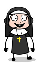 Communicating with Headphone - Cartoon Nun Lady Vector Illustration