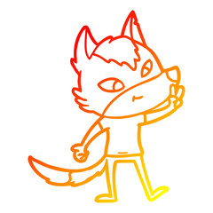 warm gradient line drawing friendly cartoon wolf giving peace sign