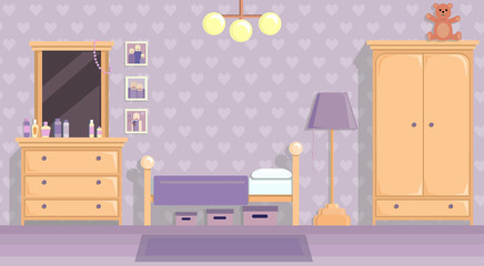 the teenage girls room in lilac . Vector image in flat design style. Paper space with place for text
