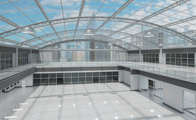 Interior of a supermarket with a transparent roof and views of the skyscrapers in the background. 3d illustration