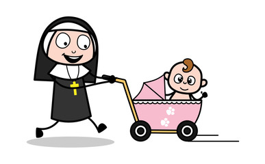 Naklejka premium Running with Baby in Pram - Cartoon Nun Lady Vector Illustration