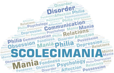 Scolecimania word cloud. Type of mania, made with text only.