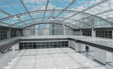 Interior of public space with a transparent vaulted roof. 3d illustration