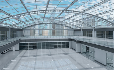 Interior is a blank space of a two-story hall with a vaulted transparent roof. 3d illustration day view