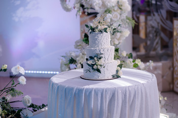 Big wedding cake close-up on the wedding table close up