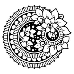 Circular pattern in form of mandala with flower for Henna, Mehndi, tattoo, decoration. Decorative ornament in ethnic oriental style. Outline doodle hand draw vector illustration.