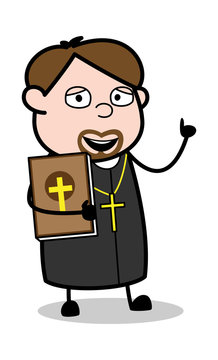 Holding a Bible Book and Gesturing with Hand - Cartoon Priest Monk Vector Illustration