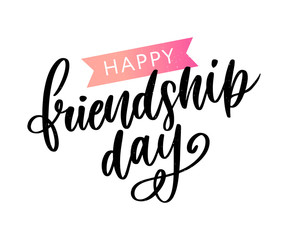 Vector illustration of hand drawn happy friendship day felicitation in fashion style with lettering text sign and color triangle for grunge effect isolated on white background