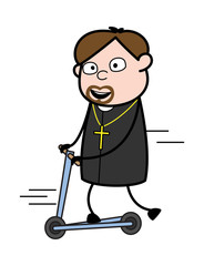 Fototapeta na wymiar Playing with Scooter - Cartoon Priest Monk Vector Illustration