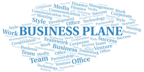 Business Plane word cloud. Collage made with text only.