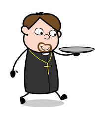 Fototapeta premium Running with Holding a Plate - Cartoon Priest Monk Vector Illustration