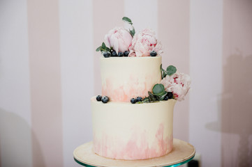 Big wedding cake close-up on the wedding table close up