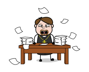 Angry Priest Throwing Papers - Cartoon Priest Monk Vector Illustration