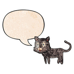happy cartoon cat and speech bubble in retro texture style