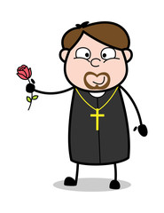 Giving a Rose - Cartoon Priest Monk Vector Illustration