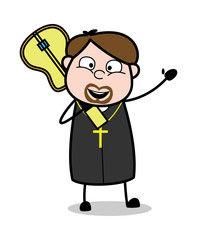 Holding a Guitar and Waving Hand - Cartoon Priest Monk Vector Illustration