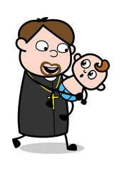Running with a Baby - Cartoon Priest Monk Vector Illustration