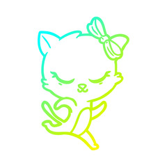 cold gradient line drawing cute cartoon cat with bow running
