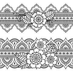 Set of seamless borders pattern with Mehndi flower for Henna drawing and tattoo. Decoration in ethnic oriental, Indian style. Doodle ornament. Outline hand draw vector illustration.