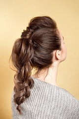 Rear view of female hairstyle volume braid with brown hair