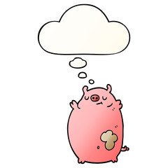 cartoon fat pig and thought bubble in smooth gradient style