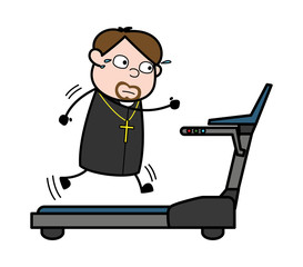 Running on Treadmill - Cartoon Priest Monk Vector Illustration