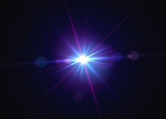 Glowing flash. Beautiful glare effect with bokeh, glitter particles and rays. Sparkling light effects of lens flare with colorful twinkle. Shining abstract background. Vector illustration.