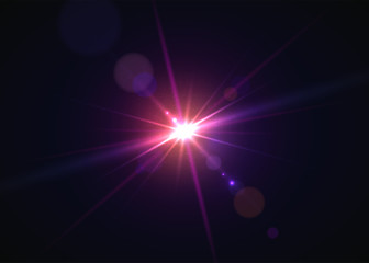 Glowing lens flare. Beautiful glare effect with bokeh, glitter particles and rays. Sparkling light effects of flash with colorful twinkle. Shining abstract background. Vector illustration.