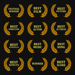 Film Awards Gold Labels Set on Black Background. Vector