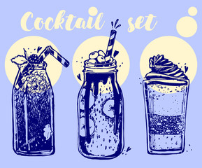 Cocktails milk bananas berries straws isolated vector line art