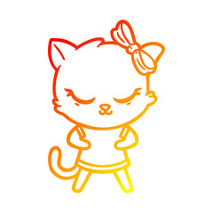 warm gradient line drawing cute cartoon cat with bow