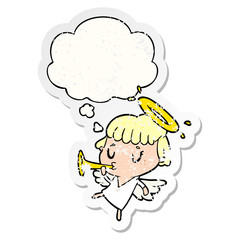 cartoon angel and thought bubble as a distressed worn sticker