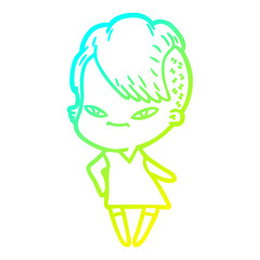 cold gradient line drawing cute cartoon girl with hipster haircut