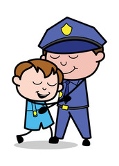 Giving a Hug to His Son - Retro Cop Policeman Vector Illustration