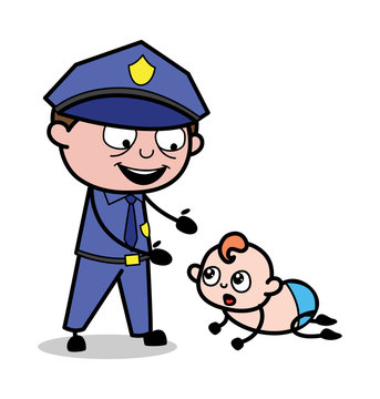 Playing with New Born Baby - Retro Cop Policeman Vector Illustration