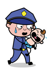 Running with Crying Baby - Retro Cop Policeman Vector Illustration