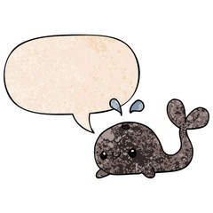 cute cartoon whale and speech bubble in retro texture style