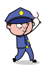 Targetting with Sling Shot - Retro Cop Policeman Vector Illustration