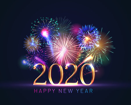 Happy new year greeting card with 2020 golden numbers and fireworks series. Celebratory template with realistic dazzling display of fireworks decoration on dark blue background vector illustration.