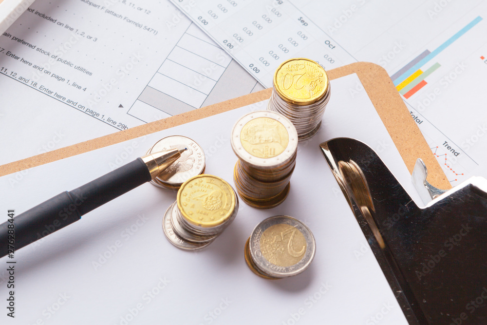 Poster saving stack coins money concept. graph, chart document close up