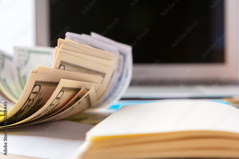 Poster saving stack coins money concept. graph, chart document close up